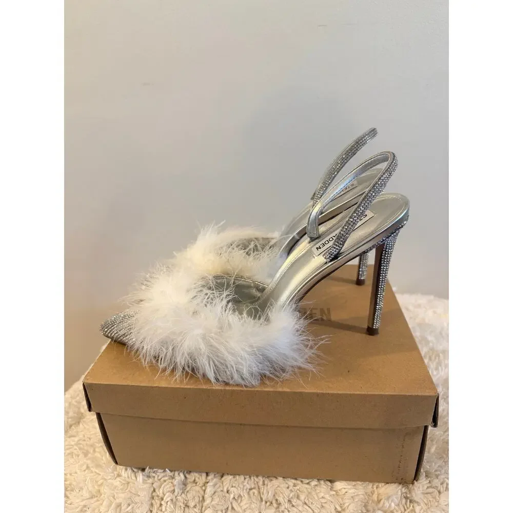 Steve Madden Silver Rhinestone Slingback Pumps with White Feather Trim Size 11 - Picture 5 of 9